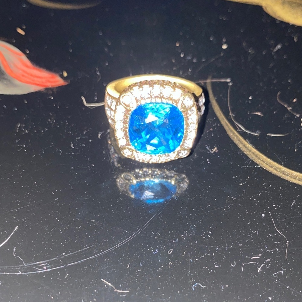 Heidi Daus Blue Crystal and Gold Statement Ring Size 9 (Bracelet not included)